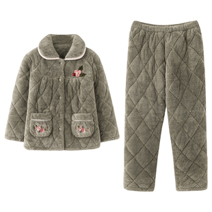 妈妈睡衣女款冬季加厚加绒珊瑚绒夹棉中老年大码保暖家居服秋冬款