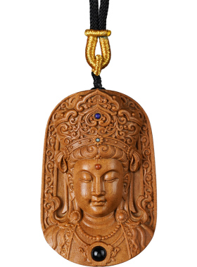 檀香木净瓶观音头菩萨项链平安吊坠投影石木质佛牌链紫檀男车挂件