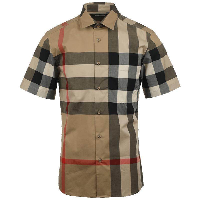 【自营】BURBERRY/博柏利男士商务休闲经典格纹棉质短袖衬衫格子