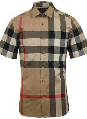 【自营】BURBERRY/博柏利男士商务休闲经典格纹棉质短袖衬衫格子