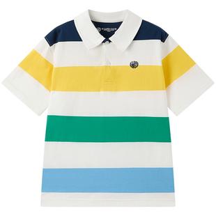 【100%棉】eland kids衣恋童装男女童POLO衫夏学院风撞色条纹短袖