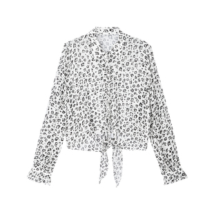 佧茜文木耳边系带豹纹衬衫2026春夏新款精致宽松印花薄款上衣女