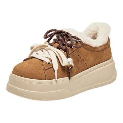 百丽复古加绒保暖毛毛鞋子女冬新款厚底棉鞋增高休闲板鞋B2843DM5