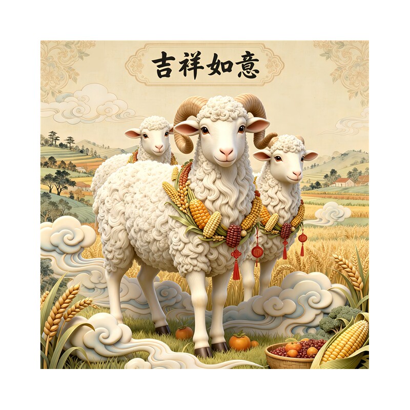 三羊开泰丰收墙贴谷物祥云田园国风吉祥如意新春喜庆防水装饰贴纸