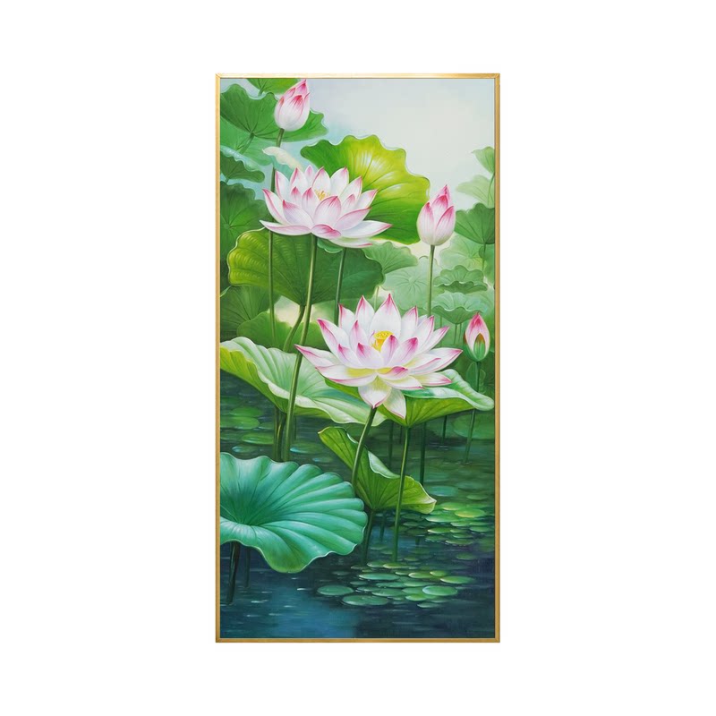 手绘荷花池塘莲花油画纯手工新中式装饰画走廊入户竖版玄关挂画