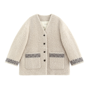 【唐顿】超细圈圈羊毛+90白鹅绒立体织带拼接廓形小香羽绒服-6252