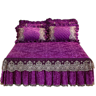 欧式蕾丝边夹棉加厚床裙式单件冬天加绒床罩短毛天鹅绒床套1.8米