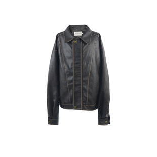 soolrok 松未韵一 美式复古皮衣短外套女擦色宽松显瘦哑光上衣