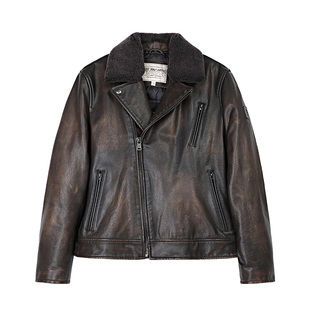 MCS源自万宝路机车款羽绒皮衣男款复古修身牛皮革夹克男可脱卸领