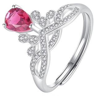 天然碧玺戒指女银镶皇冠水滴红色宝石活口可调节复古高级感手饰品