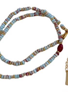 绯蓝|天然石彩色串珠项链寿山石玛瑙吊坠轻奢小众复古感锁骨链女