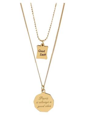 钛钢不褪色幸运小方牌双层项链