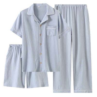 男士纯棉短袖家居服三件套宽松