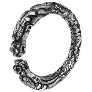 寸银坊大理雪花银原创纯手工男款复古风霸气满雕足银手镯.传承