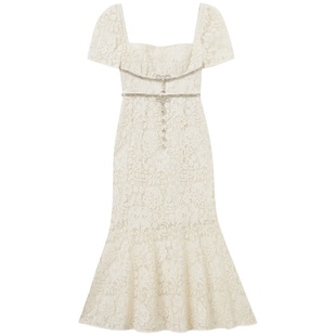 【乔欣同款】self-portrait 24早秋白方领蕾丝连衣裙白月光裙