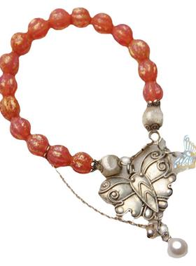 承李李原创设计 老银蝴蝶金箔琉璃福瓜雕刻现货 复古轻奢小众手串