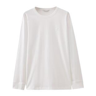 水云间女装 圆领纯棉宽松纯白长袖T恤上衣2025秋季新款