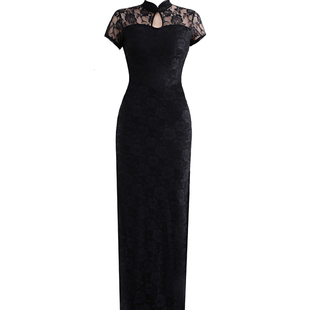 走秀夜上海长款旗袍女舞台演出服红色礼仪舞蹈广场舞黑红经典008