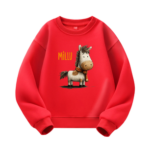 儿童红色卡通马印花卫衣男童圆领女童长袖宝宝上衣小马图案休闲衫