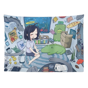 ins卡通治愈插画墙壁装饰挂毯床头卧室房间挂布出租房背景布墙布