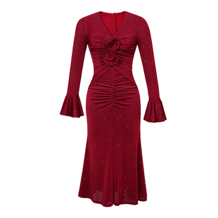 生日party红色敬酒服高端轻奢小众小礼服平时可穿V领鱼尾连衣裙女