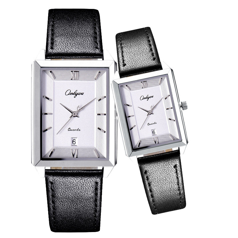 奥利妮情侣手表男士日历真皮带防水长方形石英女学生手表时尚韩版