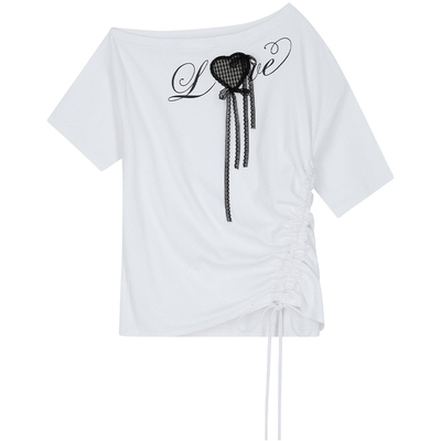 ILLIGO 26春露肩甜酷少女抽绳蕾丝爱心印花蝴蝶结短袖T恤韩国代购