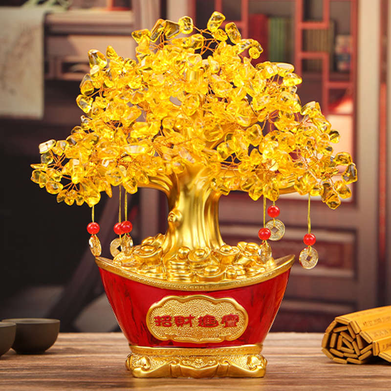 聚宝盆发财树招财摆件黄水晶摇钱树店铺前台玄关酒柜装饰开业礼品