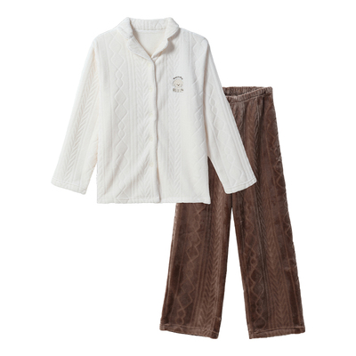 tutuanna秋冬睡衣女 绞花加厚法兰绒动物贴布绣前扣家居服套装女