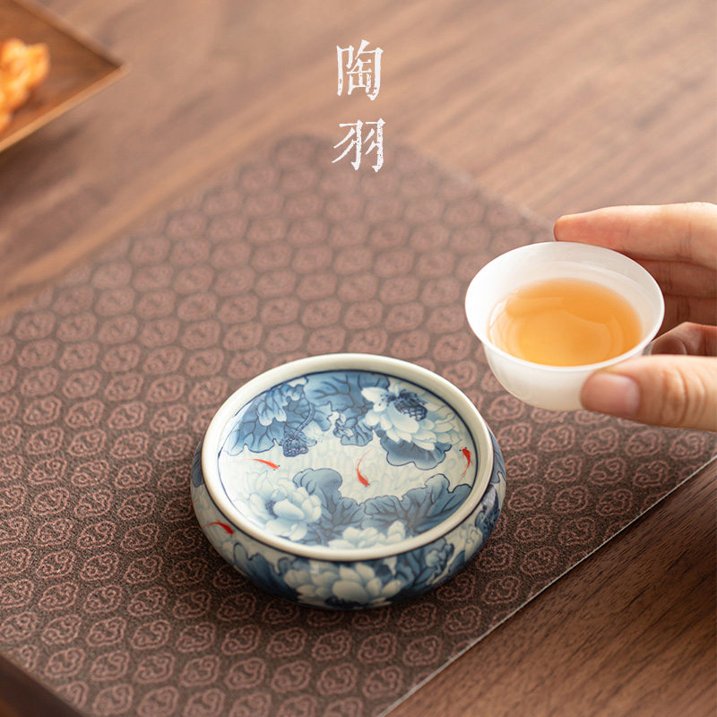 仿古青花满堂荷趣盖置茶壶盖托陶瓷功夫茶具配件家用小壶承茶杯垫