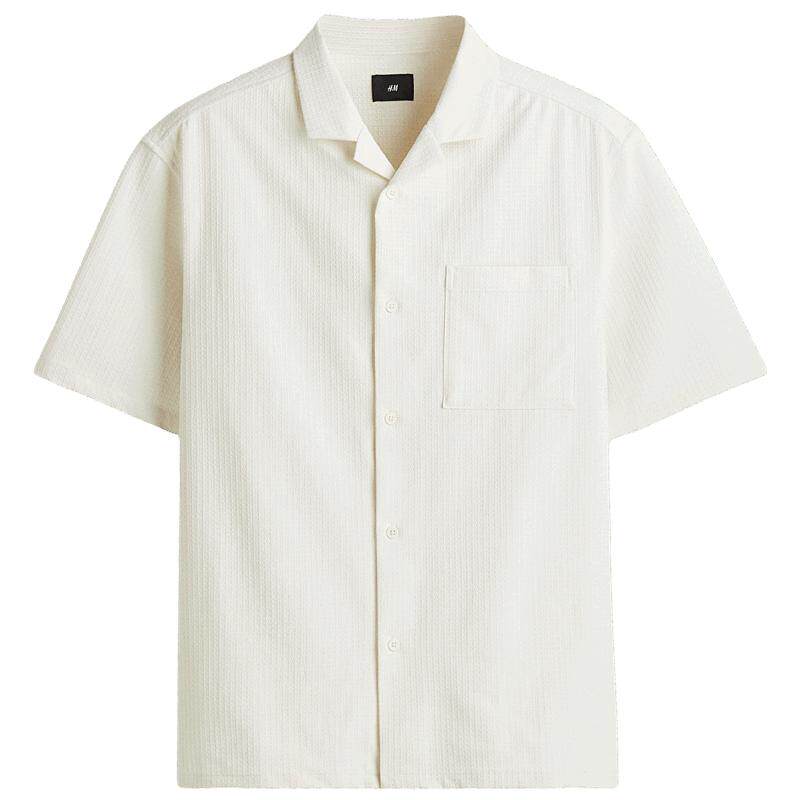 HM男装衬衫夏季立体肌理感翻领宽松纹理短袖上衣1288871