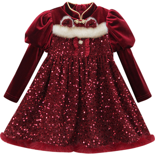 女童加绒连衣裙洋气儿童网红丝绒公主裙冬装新款小女孩礼服裙