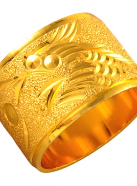 加宽送男友时尚潮男戒指宽版沙金龙戒镀24K金色戒指男士闭口指环