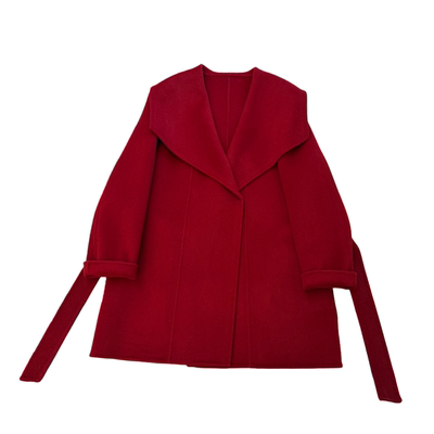 红色双面呢羊毛大衣翻领系带收腰