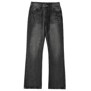 悟空有货美式高街闪电裂纹微喇牛仔裤男潮牌cleanfit水洗直筒长裤