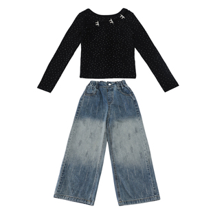 镂空前后两穿烫钻蝴蝶金属扣上衣牛仔裤套装女童初中生露肩辣妹装
