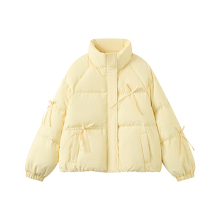 快鱼蝴蝶结蓝色立领羽绒服女款2025年冬季新款短款外套保暖面包服