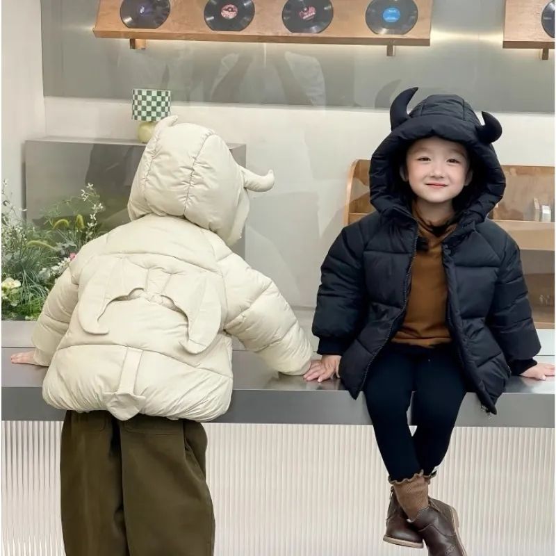 儿童冬季羽绒棉服2025新款男女童小恶魔连帽外套宝宝加绒加厚棉衣