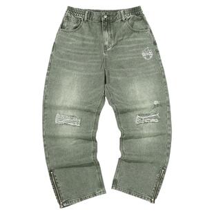 GENANX闪电潮牌直筒牛仔裤宽松破洞街头潮流裤脚开衩秋季牛仔长裤