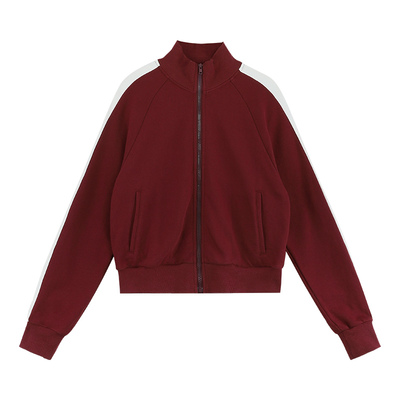 撞色插肩袖拉链长袖短款卫衣