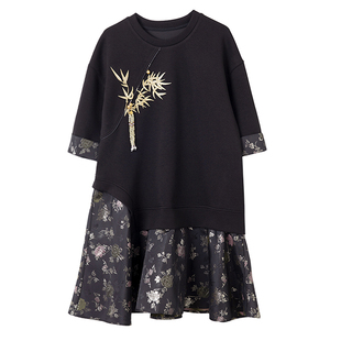 宝诗黎五分袖提花拼接连衣裙2025夏季气质刺绣流苏新中式休闲裙