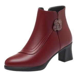 不累脚喜婆婆红色中年皮鞋女粗跟