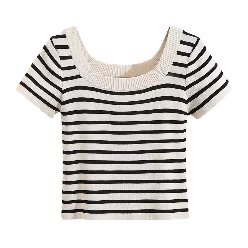 修身显瘦【80-200斤】洋气方领条纹冰丝短袖T恤女夏时尚减龄上衣
