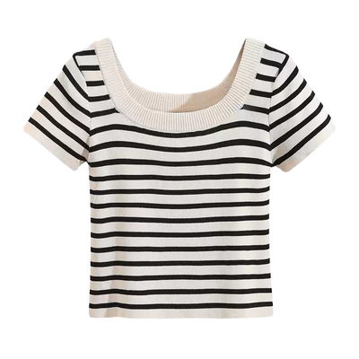 洋气方领条纹冰丝短袖T恤女夏
