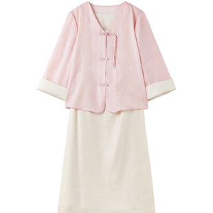 时尚简约流行套装女装2026春季新款V领国风盘扣连衣裙长袖两件套