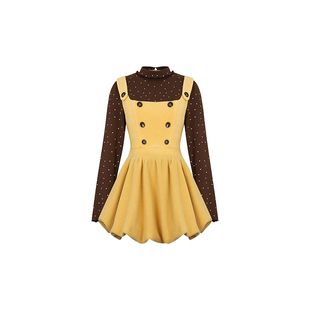 安妮不火 假两件高弹针织拼呢子花苞裙女微胖大码双排扣波点裙子