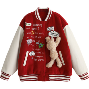 诺诺公主S1N初中生小熊玩偶棒球服女冬季设计感新年红色棉服外套