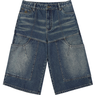 GUUKA潮牌美式复古牛仔七分裤男春季 十字架撞钉裤子水洗做旧短裤