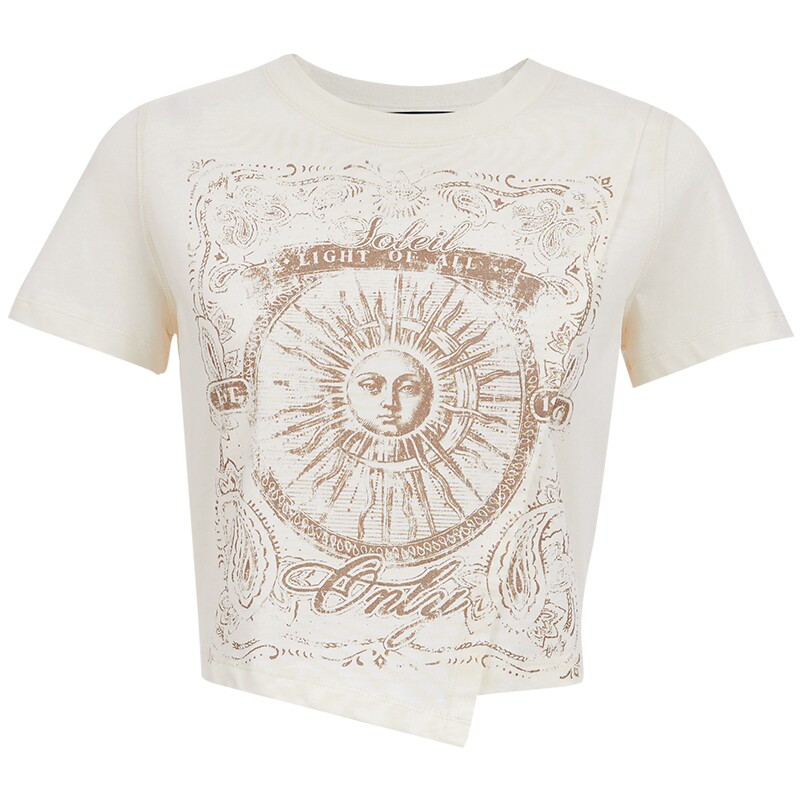 ONLY2026夏季新款纯棉个性抽象太阳图案烫金印花正肩上衣T恤女