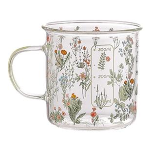 小草苓小清新玻璃杯大容量耐高温家用刻度杯喝水杯早餐杯凉白开